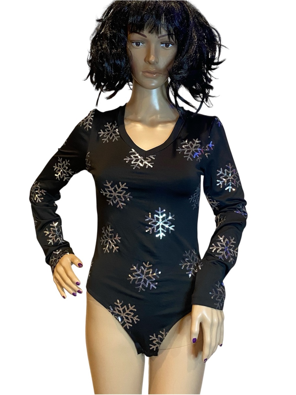 TipsyElves Bodysuit Black with Silver Sparkling Sequins Snowflakes Sz Medium EUC